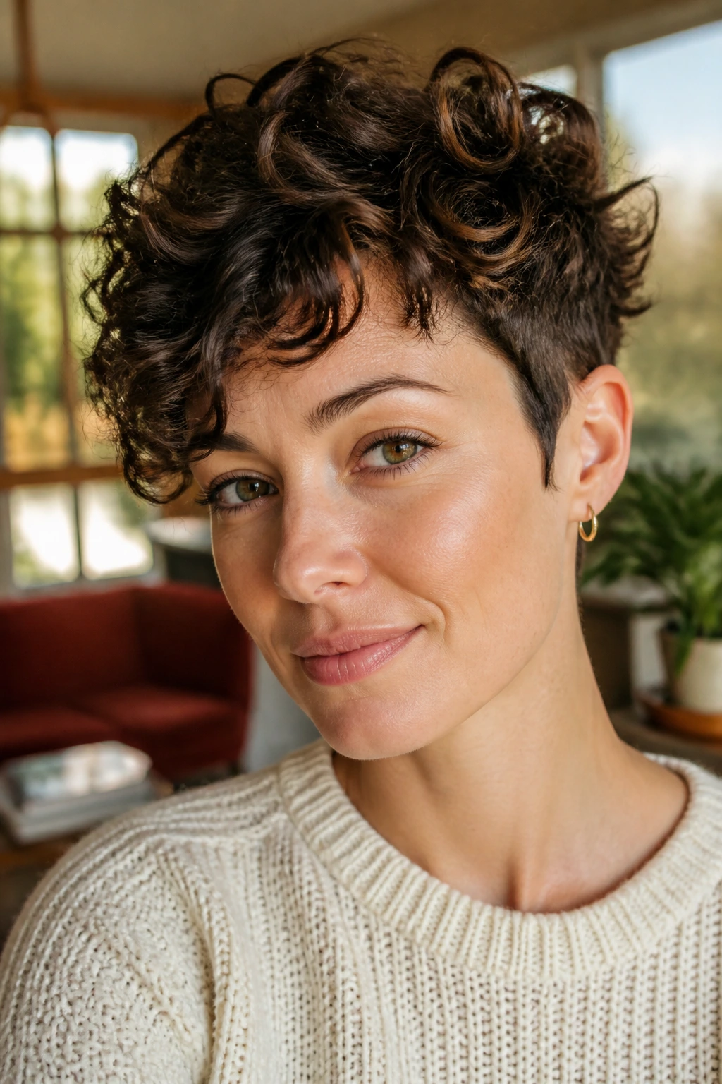 Close-up portrait of a real woman with a long-top curly pixie and ear-grazing sides.