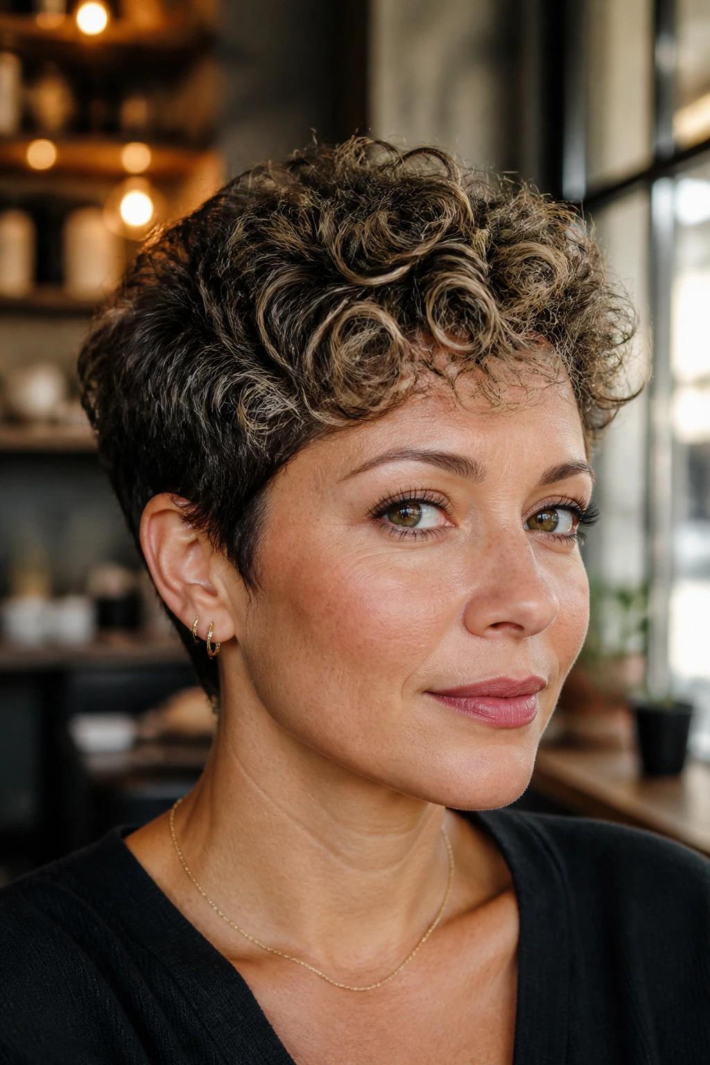 Close-up of a real woman with a short curly pixie and micro-babylights