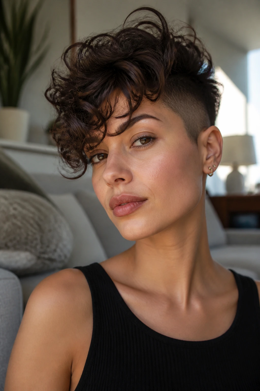 Close-up portrait with motion in top curls of shaved-sides pixie