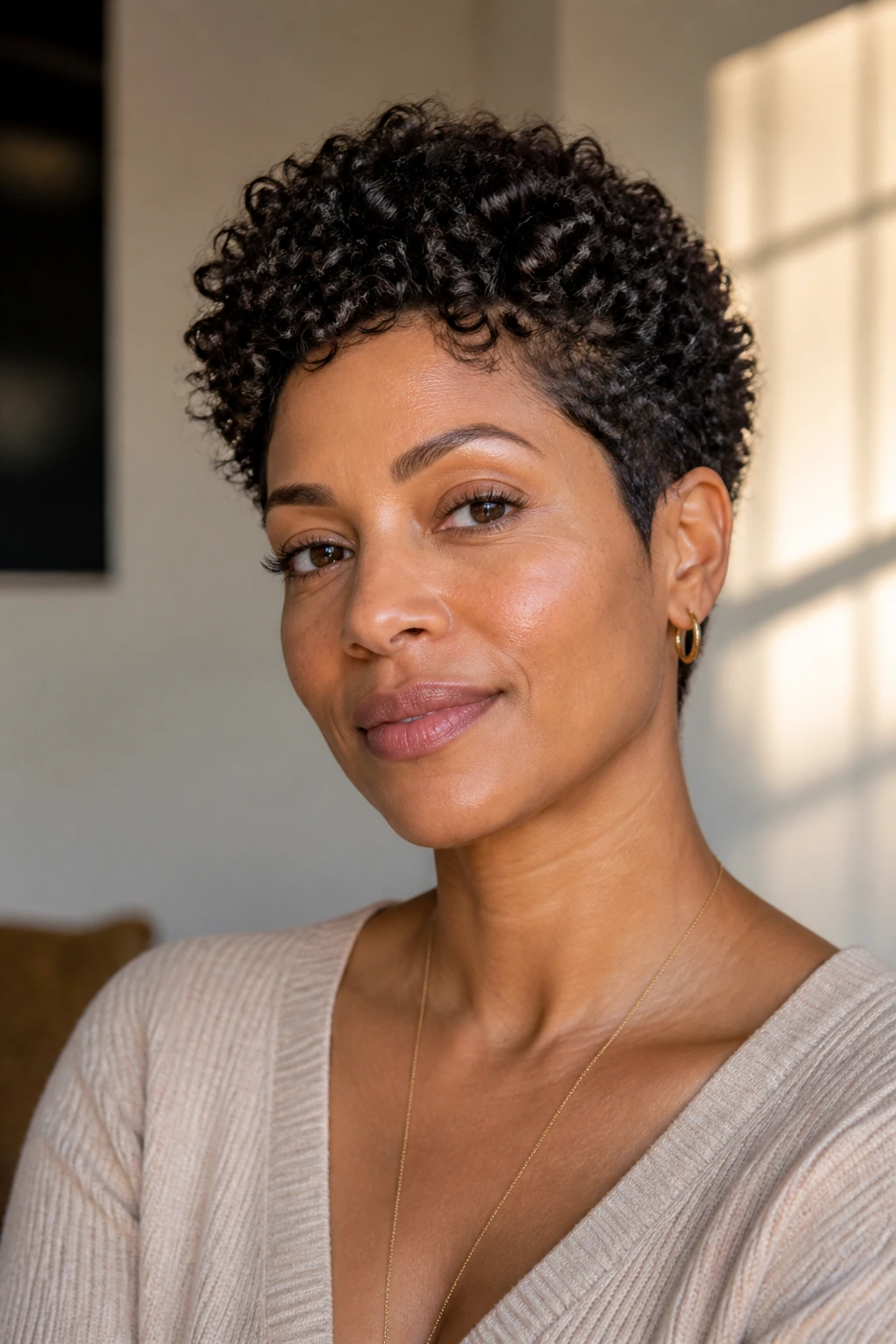 Close-up portrait of a woman with soft tapered coil pixie hairstyle in a sunlit room