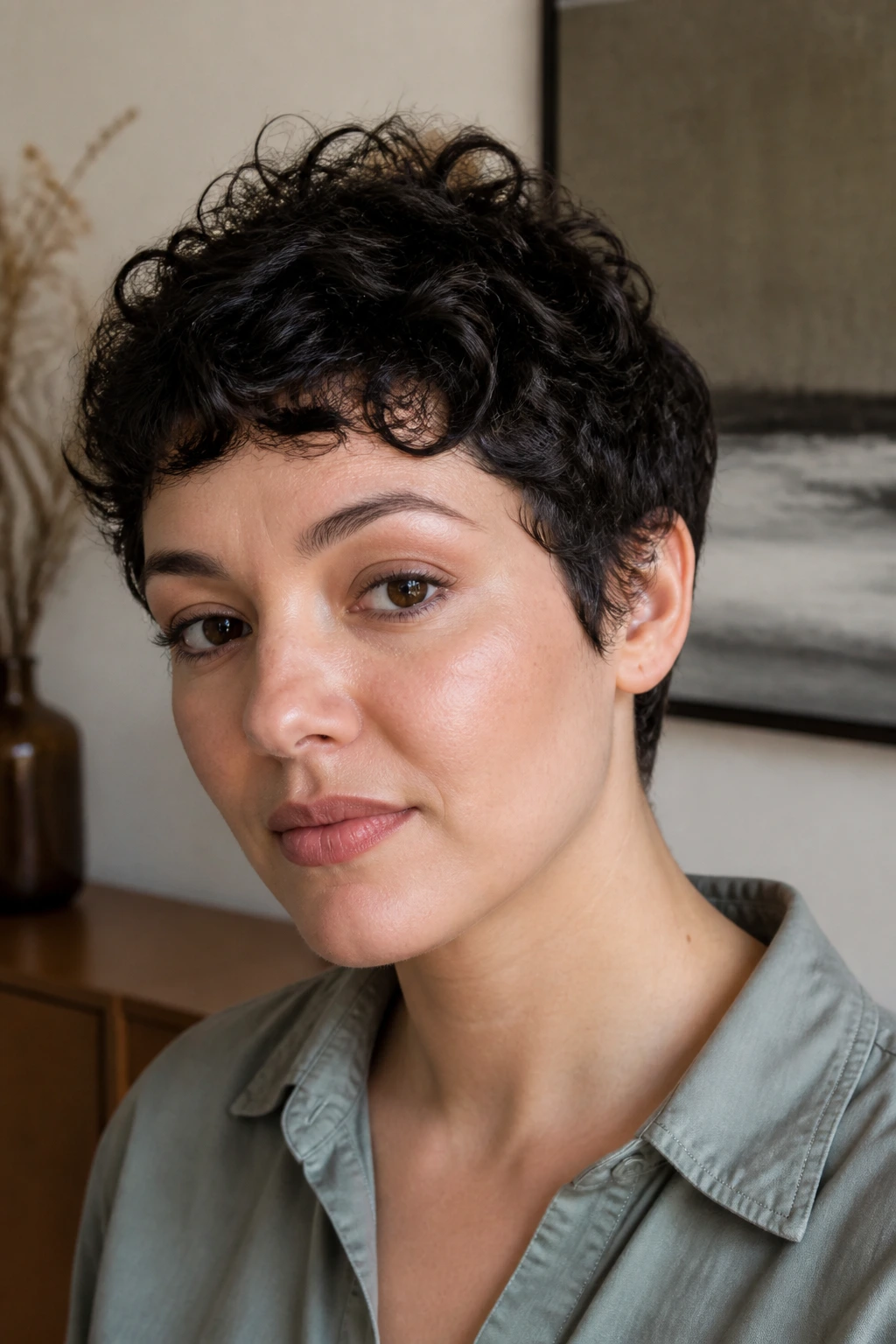 Real person with a close-cropped pixie and bulky temples