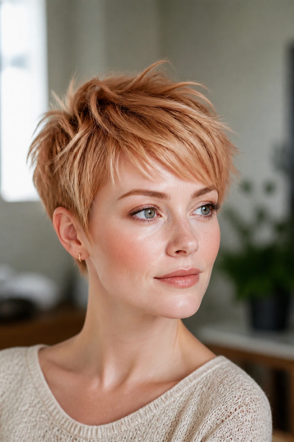 Close-up portrait of a real woman with a textured pixie in apricot strawberry blonde.