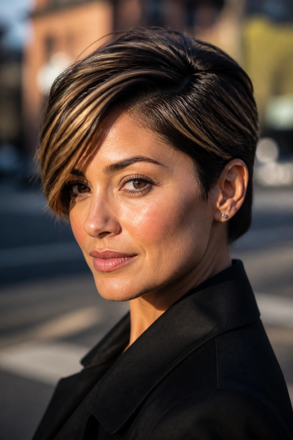 Portrait of woman with deep side-part pixie cut and caramel highlights