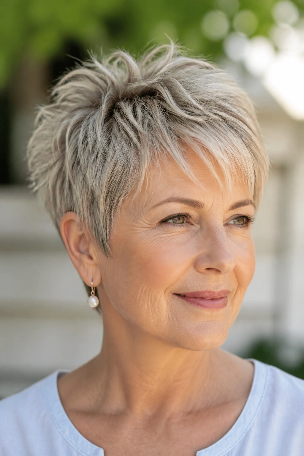 Real woman with a pixie cut featuring choppy crown layers in sunlight.