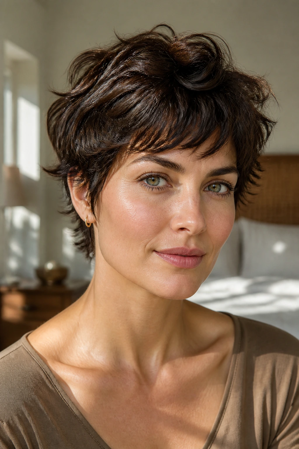 Close-up portrait of a woman with a choppy piecey pixie hairstyle showing textured ends around temples.