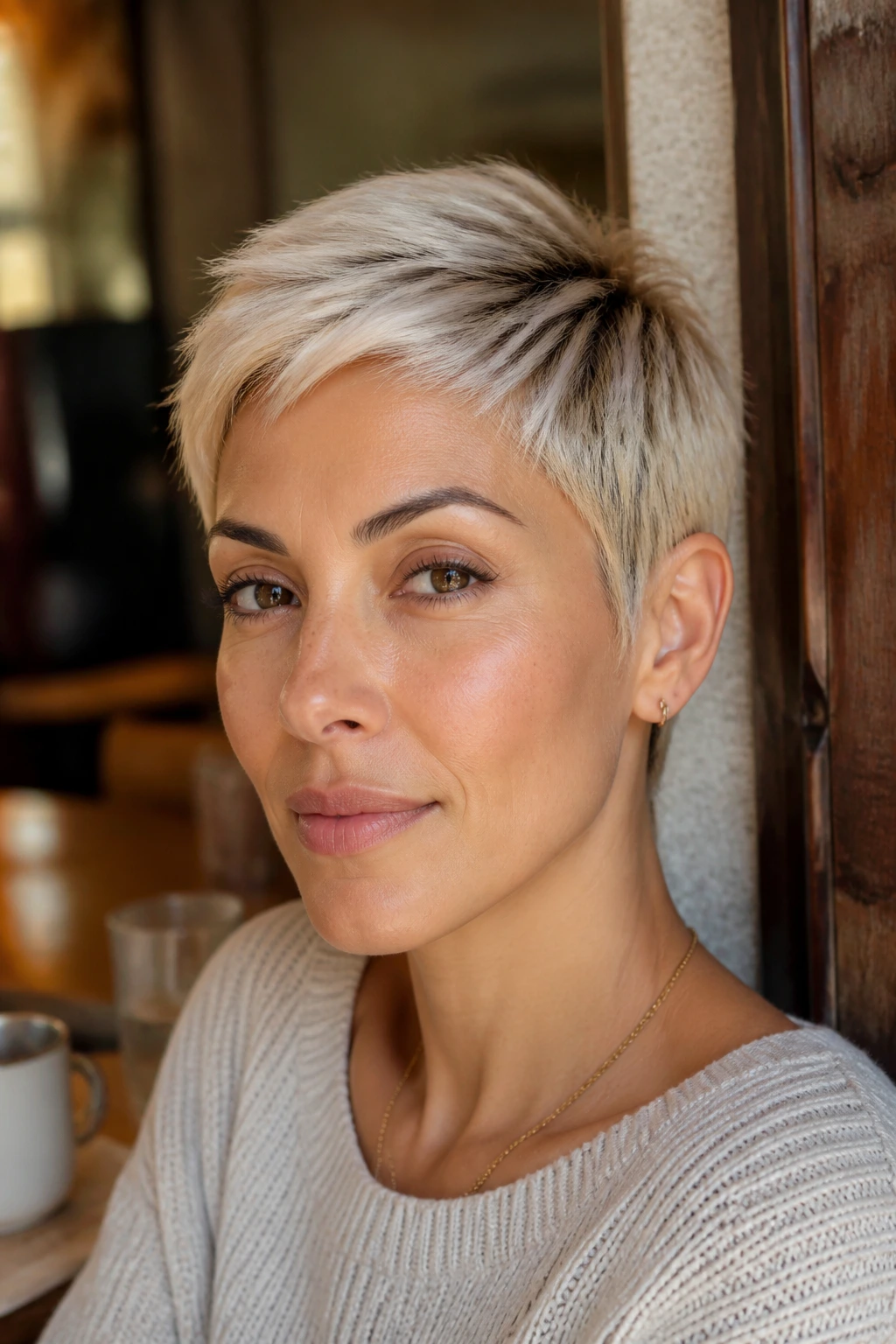 Close-up portrait of a real woman with a coconut cream pixie haircut