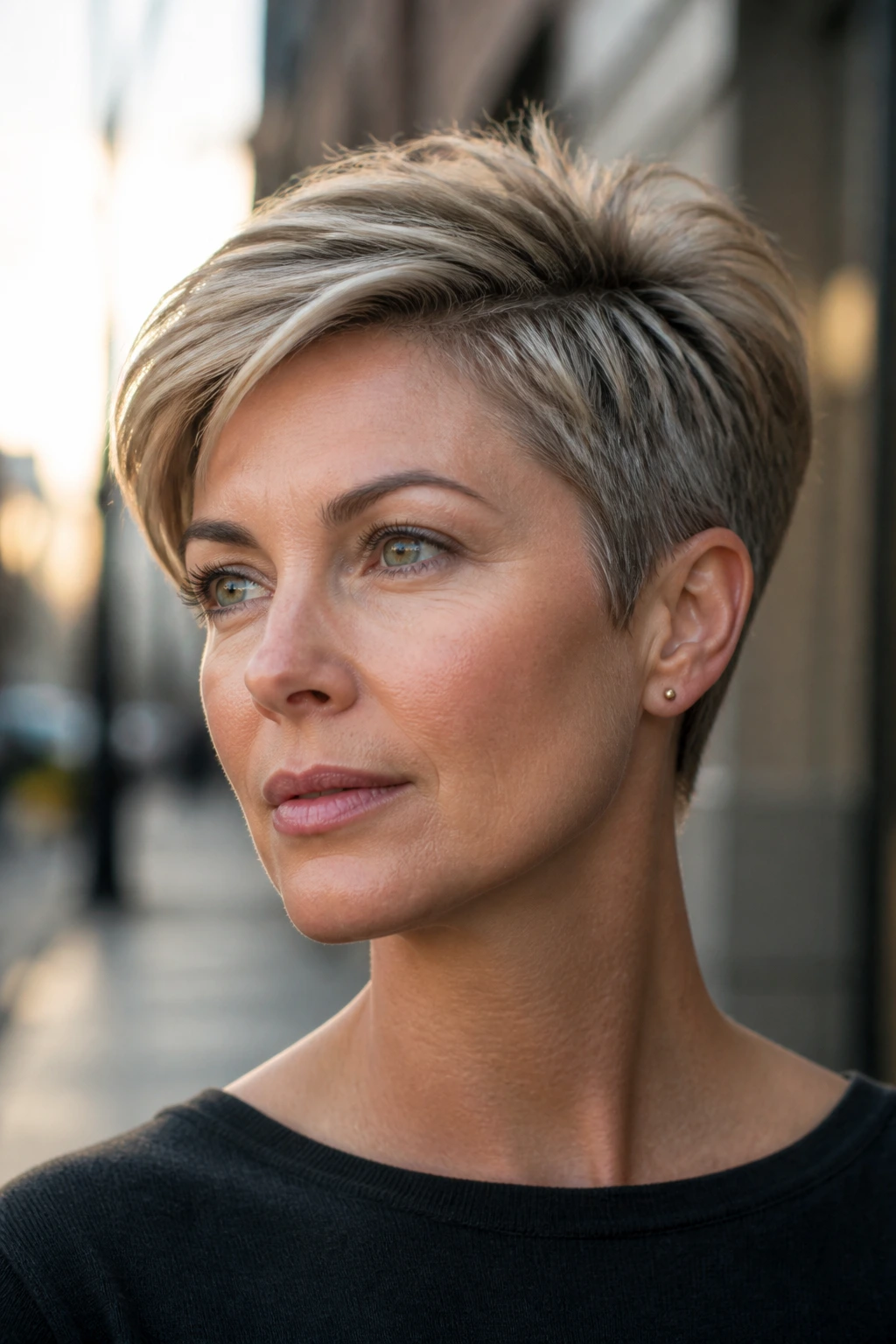 Portrait of a real woman with a crown-height pixie cut on an urban street