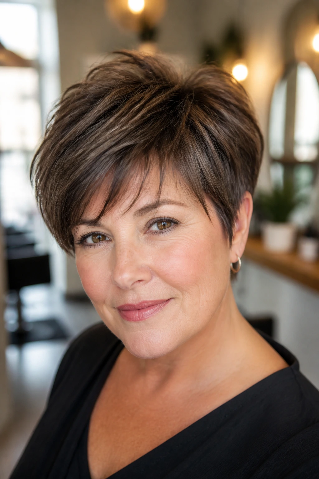 Real woman with crown-lift pixie cut highlighting crown volume on a round face