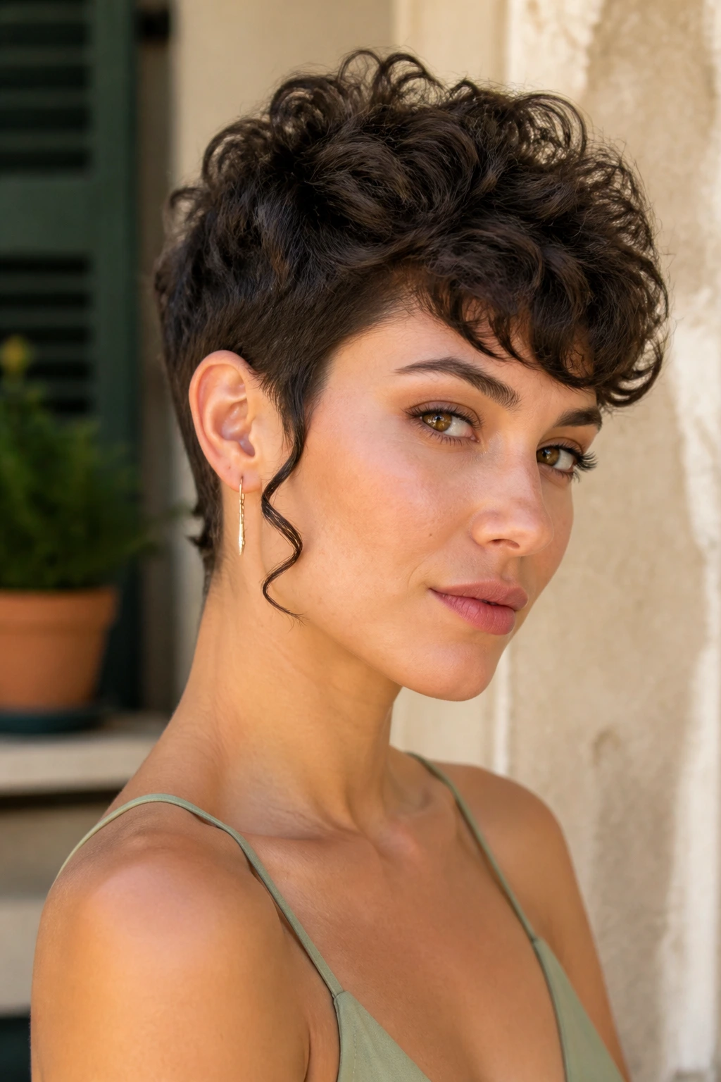 Real woman with pixie cut and single long curl tail