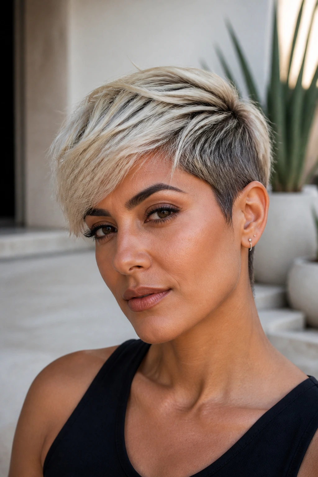 Portrait of a person with a pixie cut and dark root melt