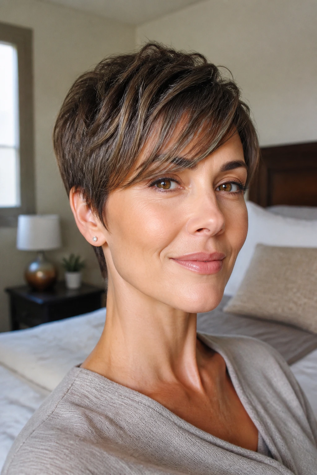 Close-up portrait of a real woman with elongated tapered pixie and side-swept bangs