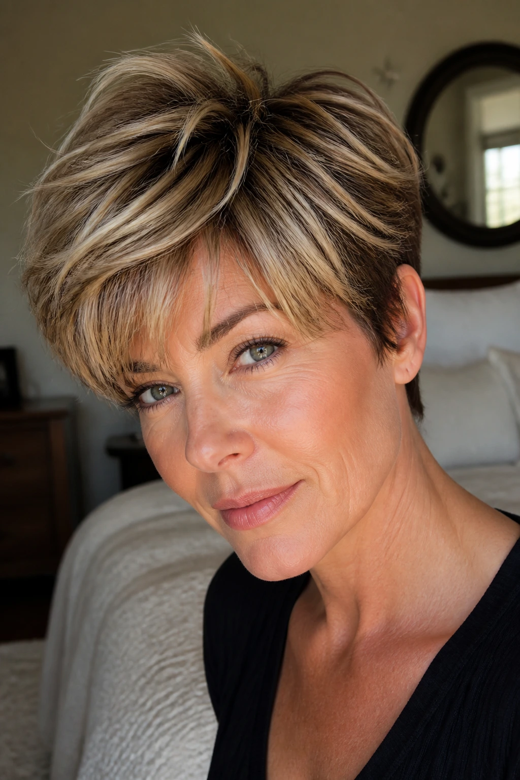 Close-up real woman with tousled pixie and feathered top showing blonde accents on brunette hair.