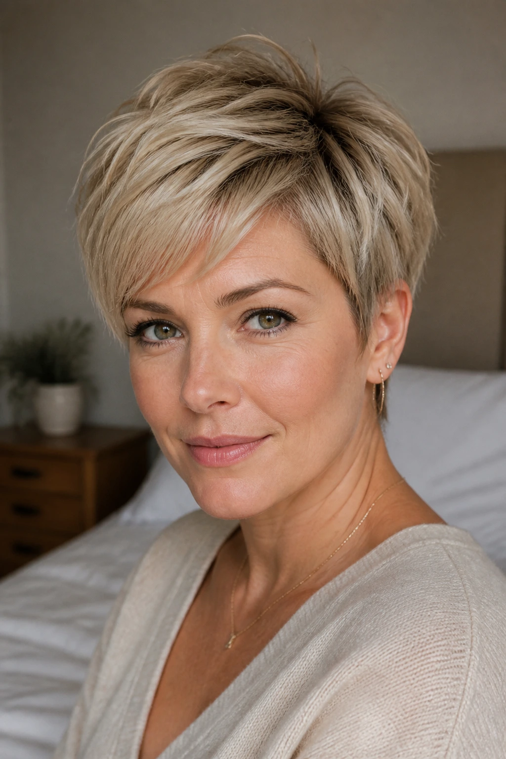 Close-up portrait of a real woman with pixie cuts showing crown lift and soft fringe in natural light