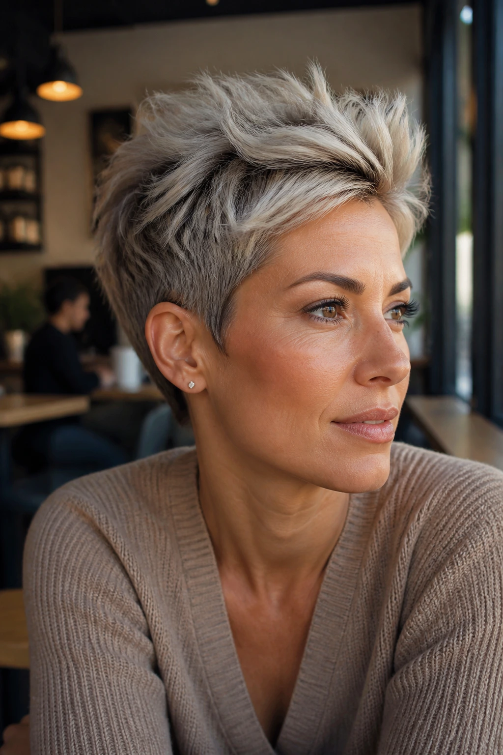 Portrait of a woman with a pixie cut and frosted top layers