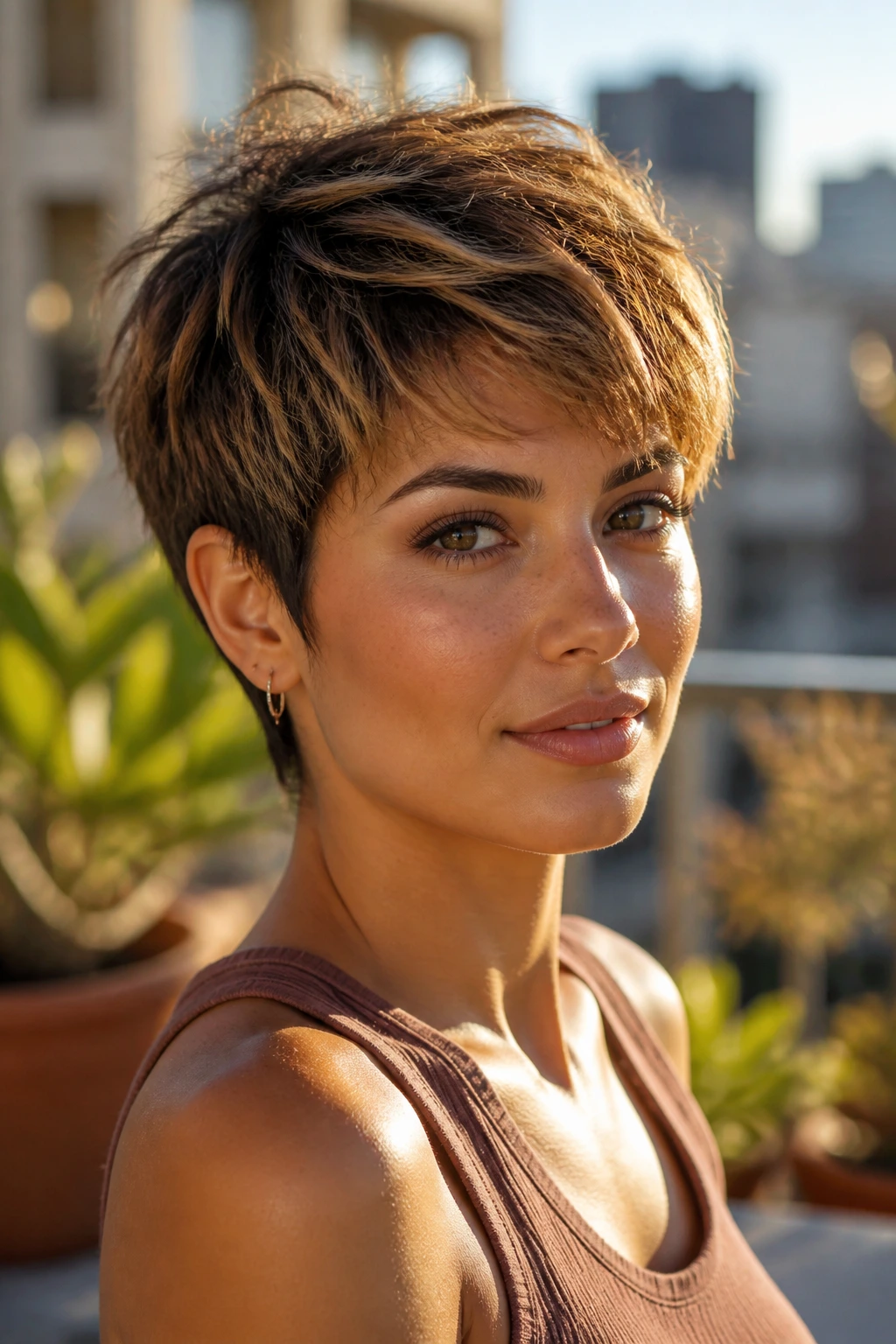 Real woman with layered pixie and golden tips in warm outdoor light.