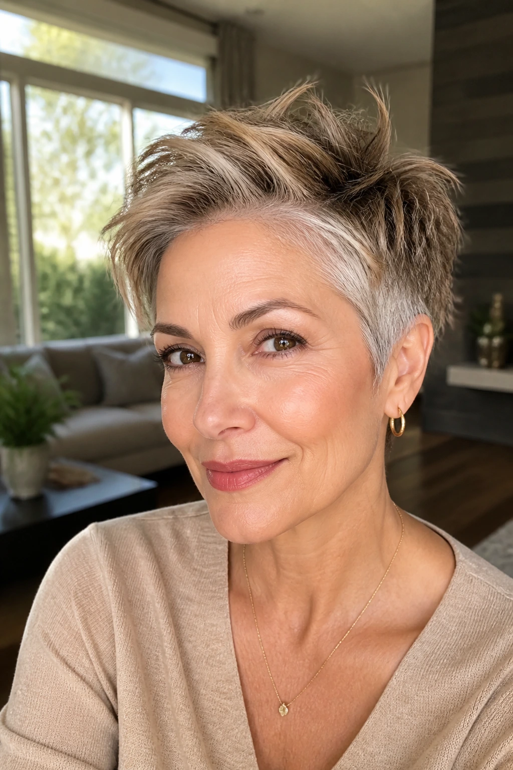 Close-up of a real woman with honey-shadow pixie haircut