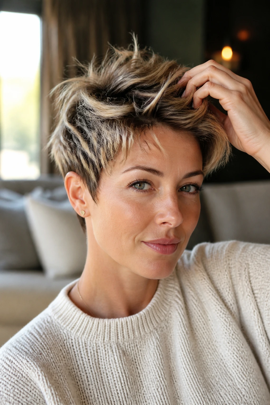 Close-up of a woman with a grown-out pixie and piecey top in a cozy home setting