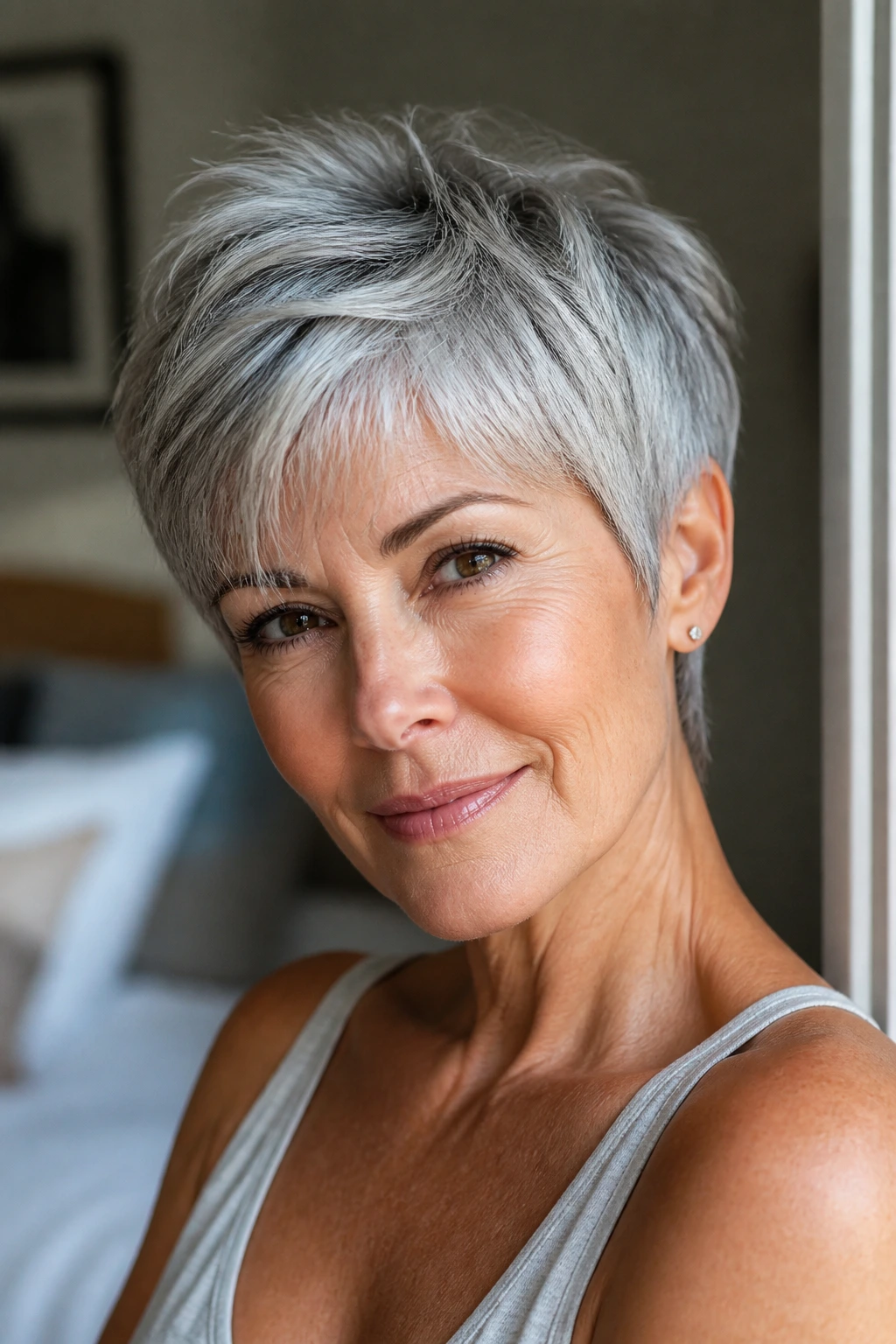 Portrait of a real woman with a tailored pixie cut flattering a heart-shaped face.