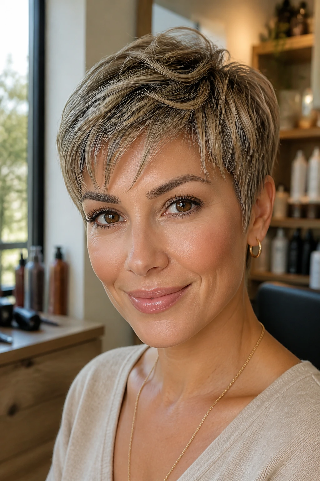 Close-up portrait of a real woman with a pixie cut and soft-gold highlights on crown and fringe in warm daylight