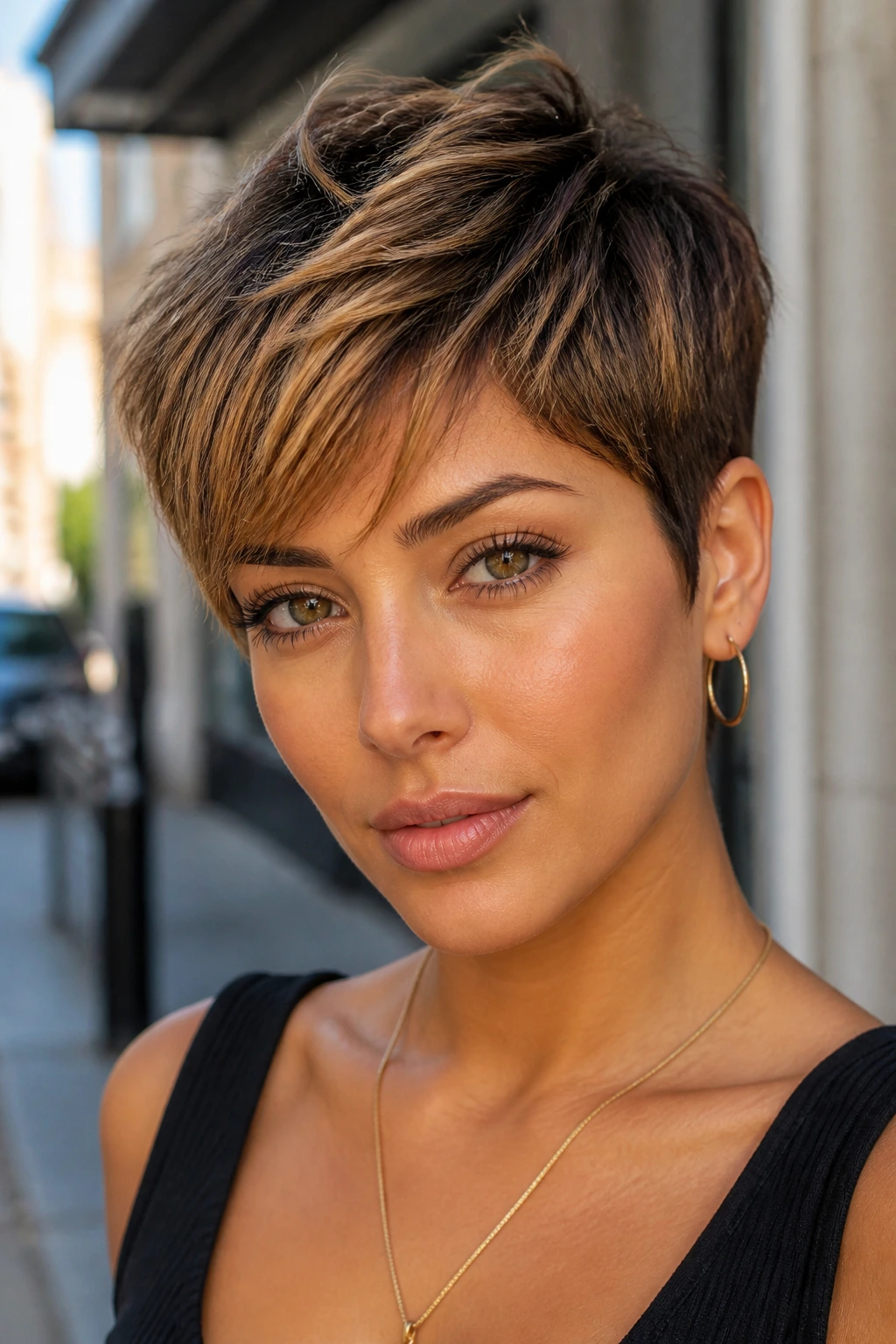 Pixie cut with golden honey caramel accents on olive skin