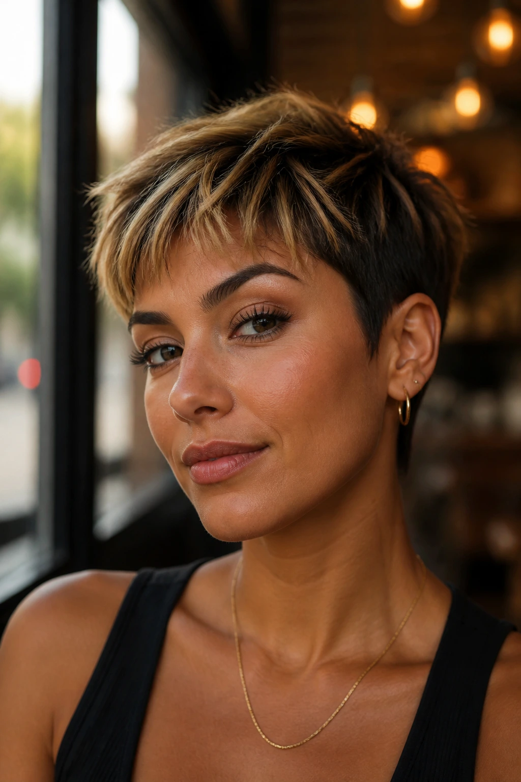 Close-up portrait of a real woman with pixie cut and golden honey peaks near the face