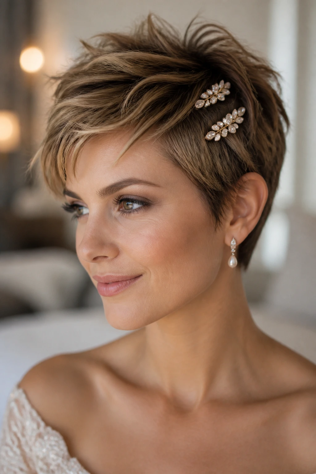 Portrait of a real woman wearing a tousled pixie with jeweled clips