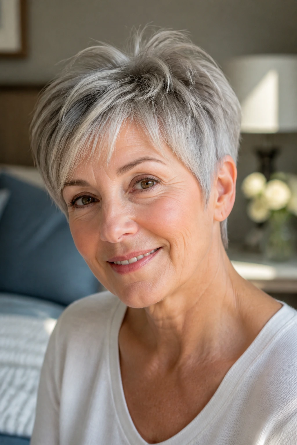 Close-up of a 60s woman with a soft layered pixie hairstyle.