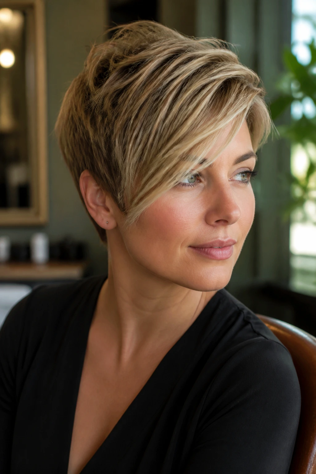 Close-up of a real woman with layered pixie and long sweeping fringe framing the face