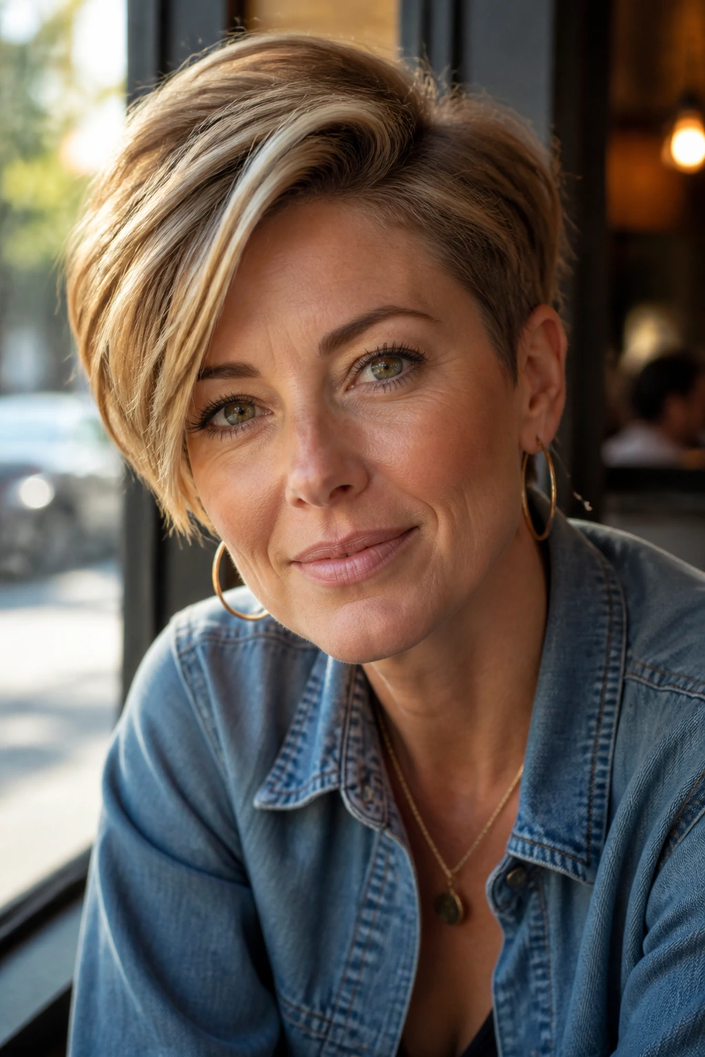 Close-up portrait of a real woman with a deep side-part pixie lift