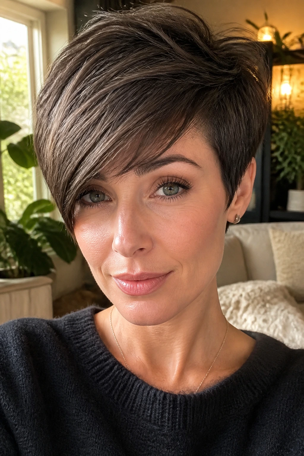 Portrait of a woman with a long-side-fringe pixie cut in a cozy setting.
