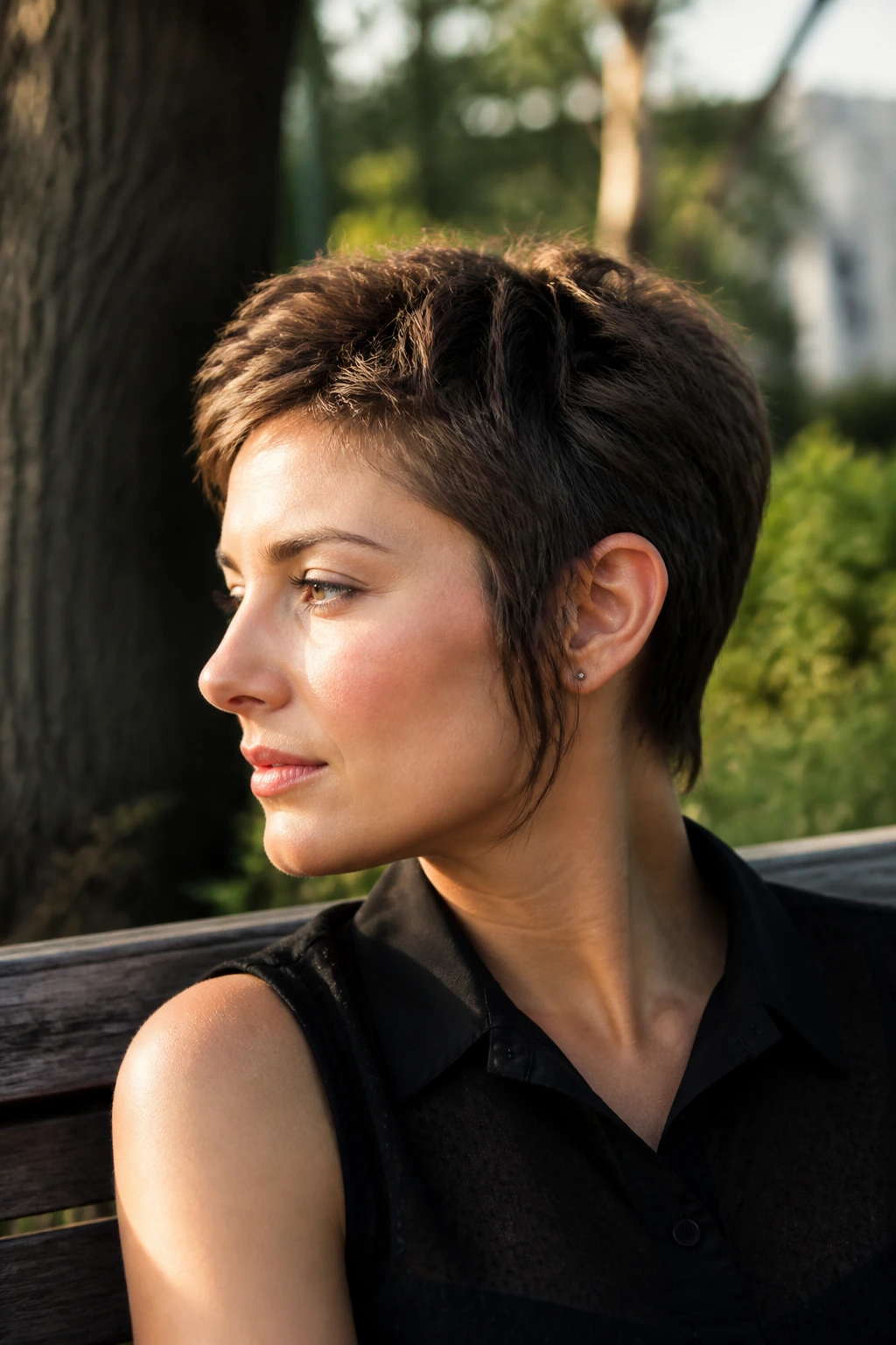 Close-up of a real person with pixie cut and long sideburns in warm light