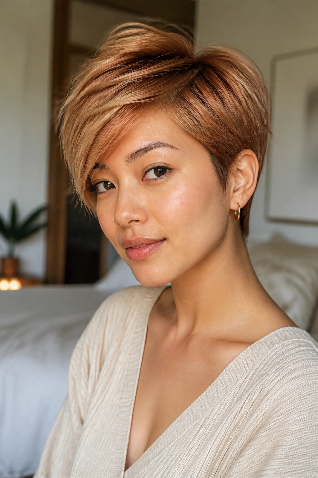 Close-up of a real woman with a pixie cut featuring longer top layers, warm copper-strawberry tones, window-light portrait