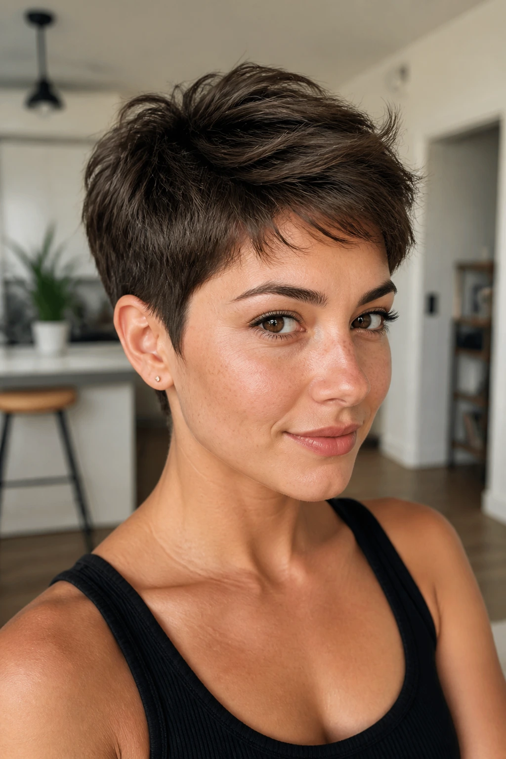 Close-up of a real woman with a longer crown pixie cut in warm daylight