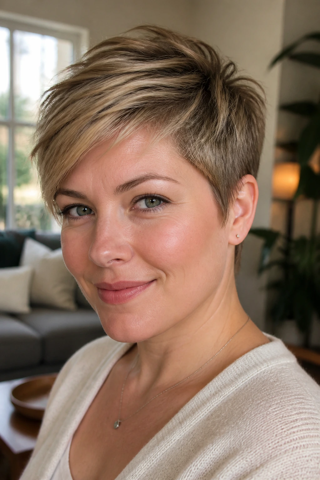 Close-up of a woman with a textured pixie cut and longer crown, lifting the face