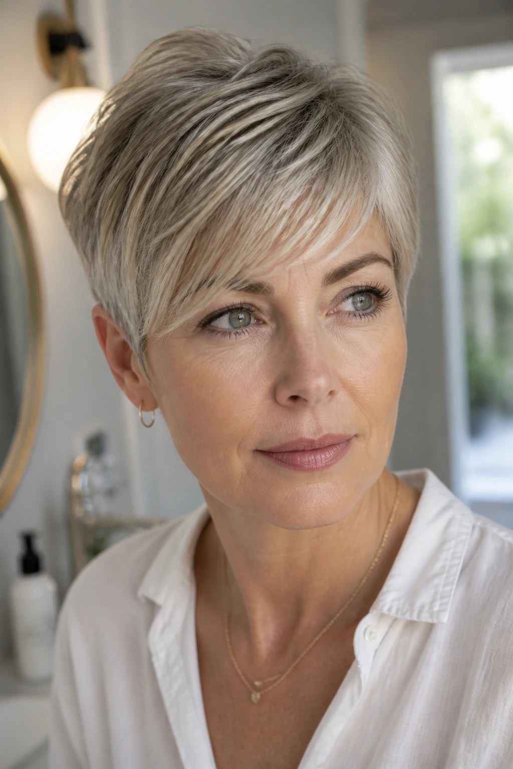Close-up of a mature woman with pixie cut in a bright bathroom
