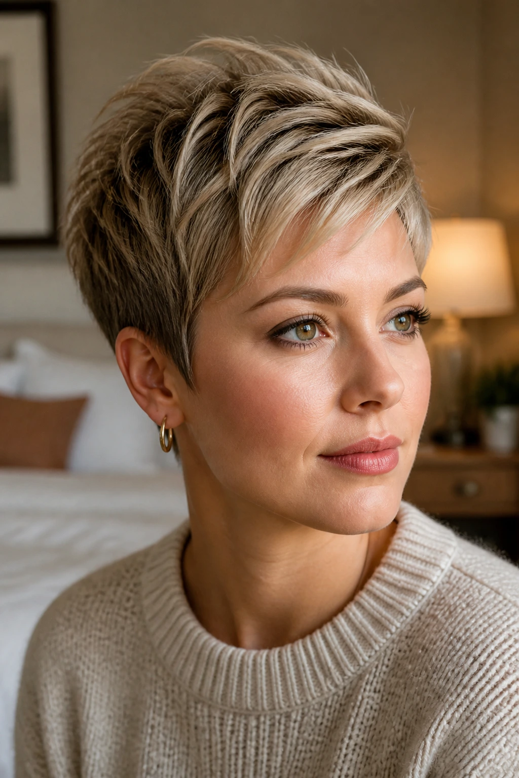 Close-up of a real woman with a high-crown pixie cut in a softly lit room