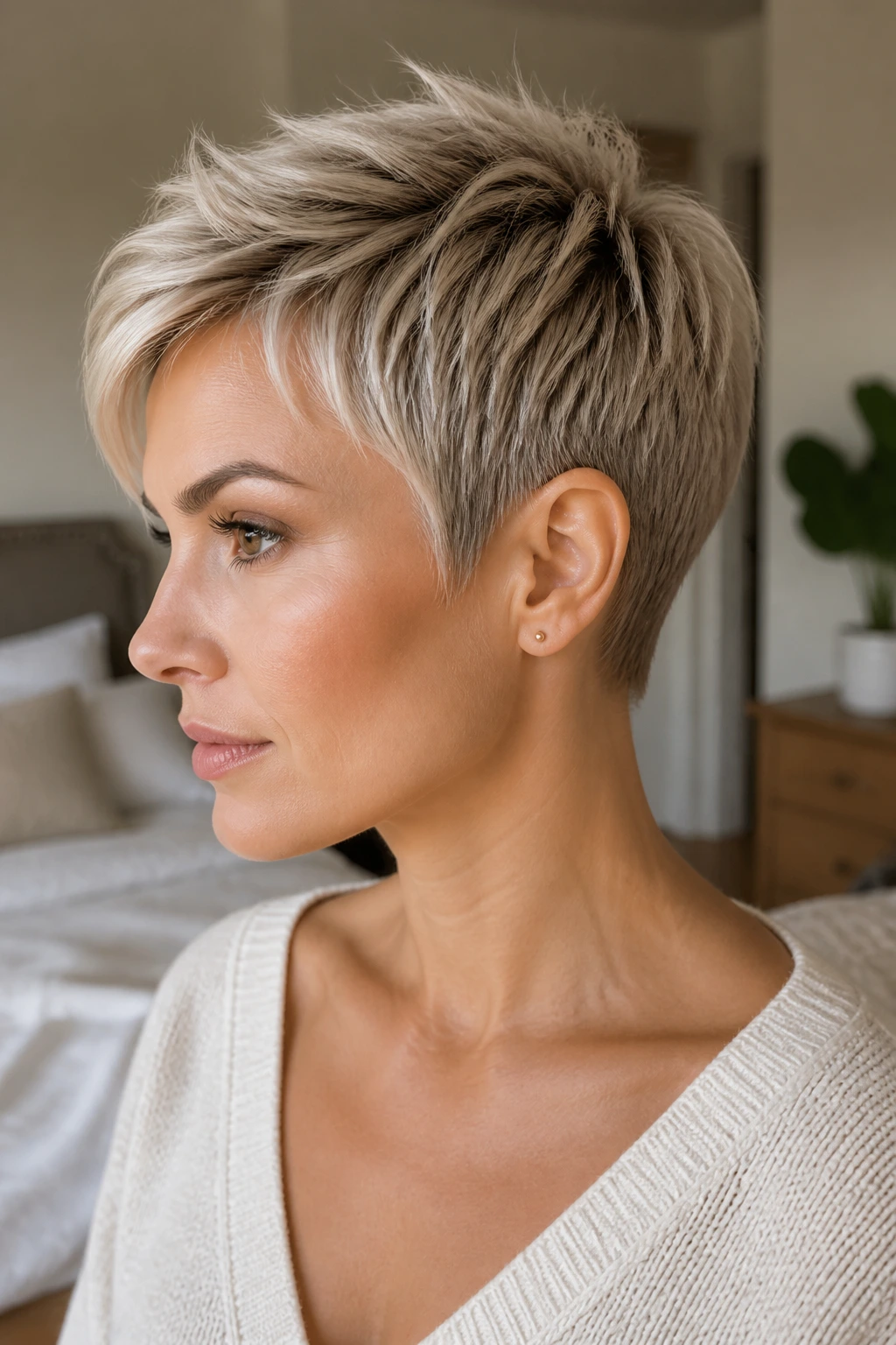 Close-up of a real woman with a sharp pixie cut in warm window light