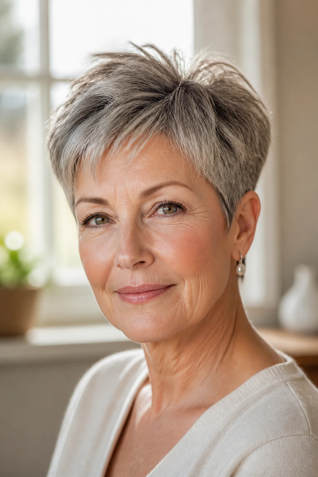 Close-up portrait of a real woman with a crisp short haircut in soft window light