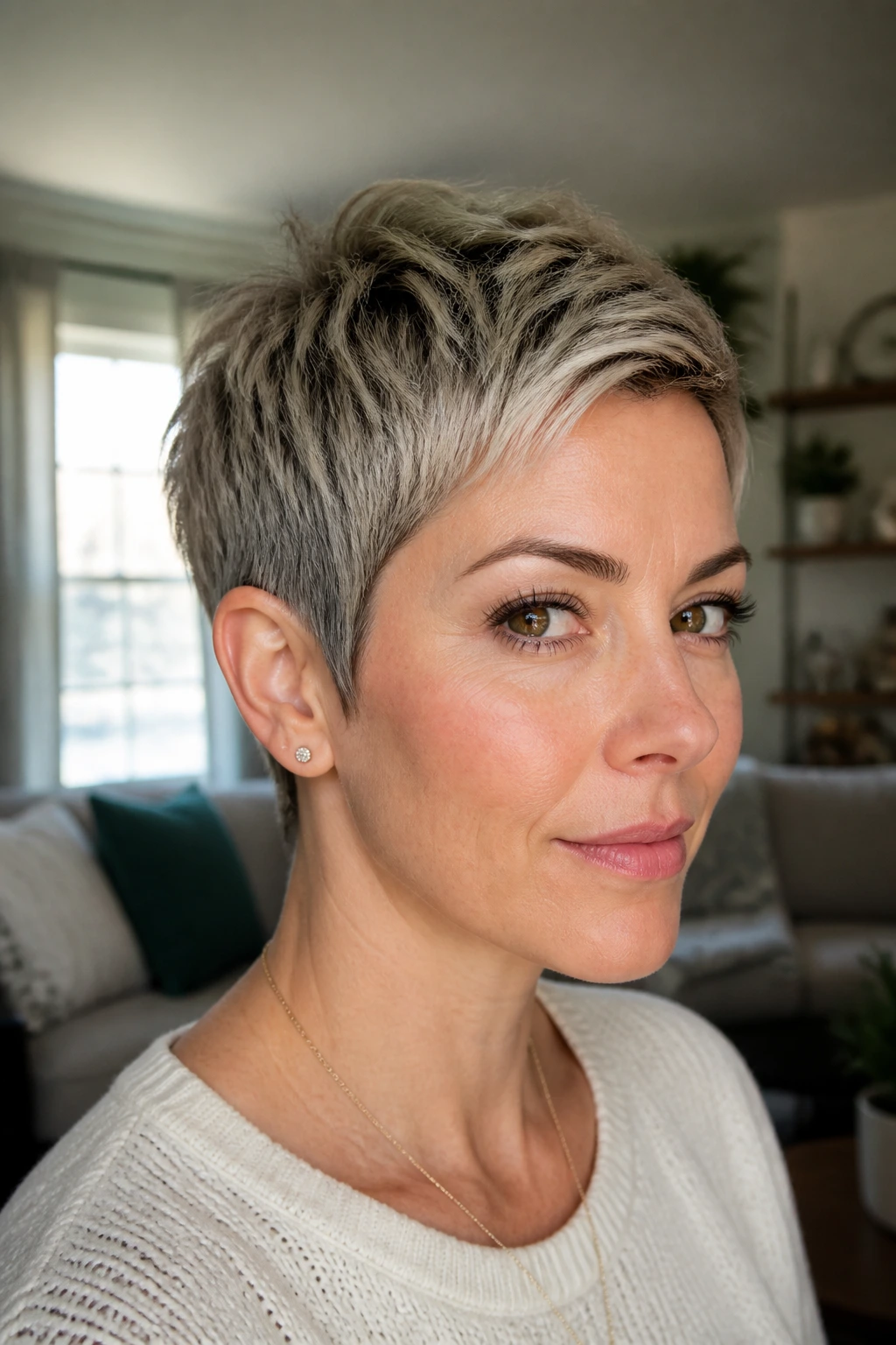 Close-up portrait of a real woman with a pixie cut, trimmed nape and sideburns in warm daylight