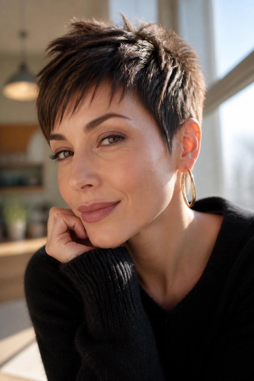 Portrait of woman with bold pixie cut, looking confident