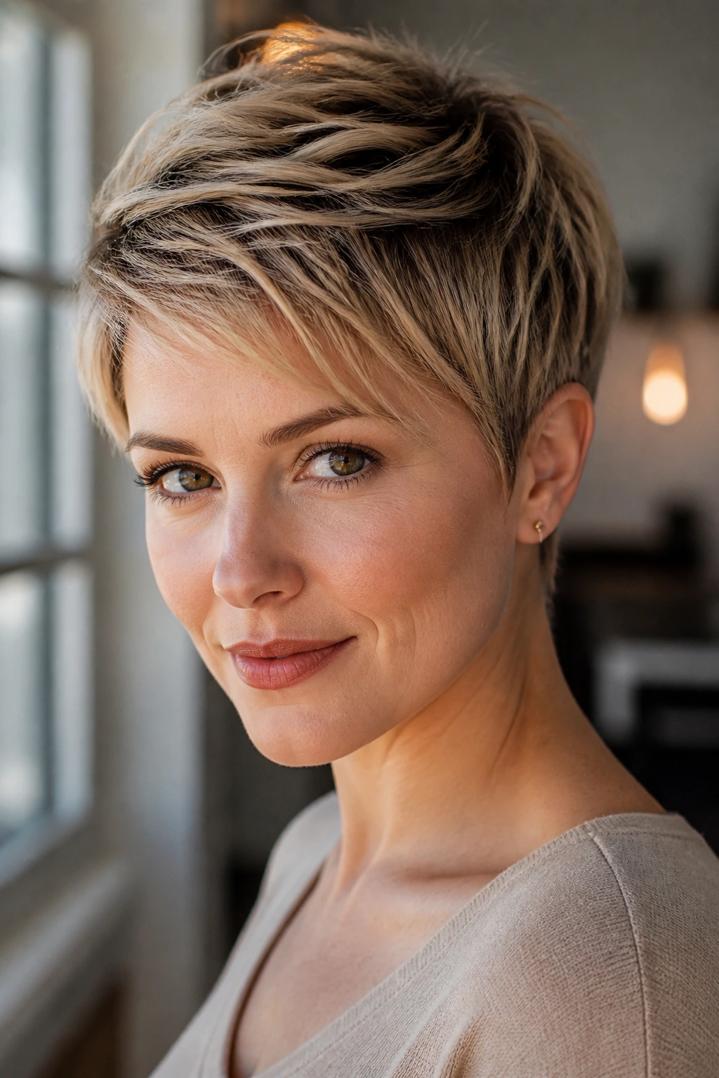 Close-up portrait of a real woman with a pixie cut showing height and diagonal fringe in window light.