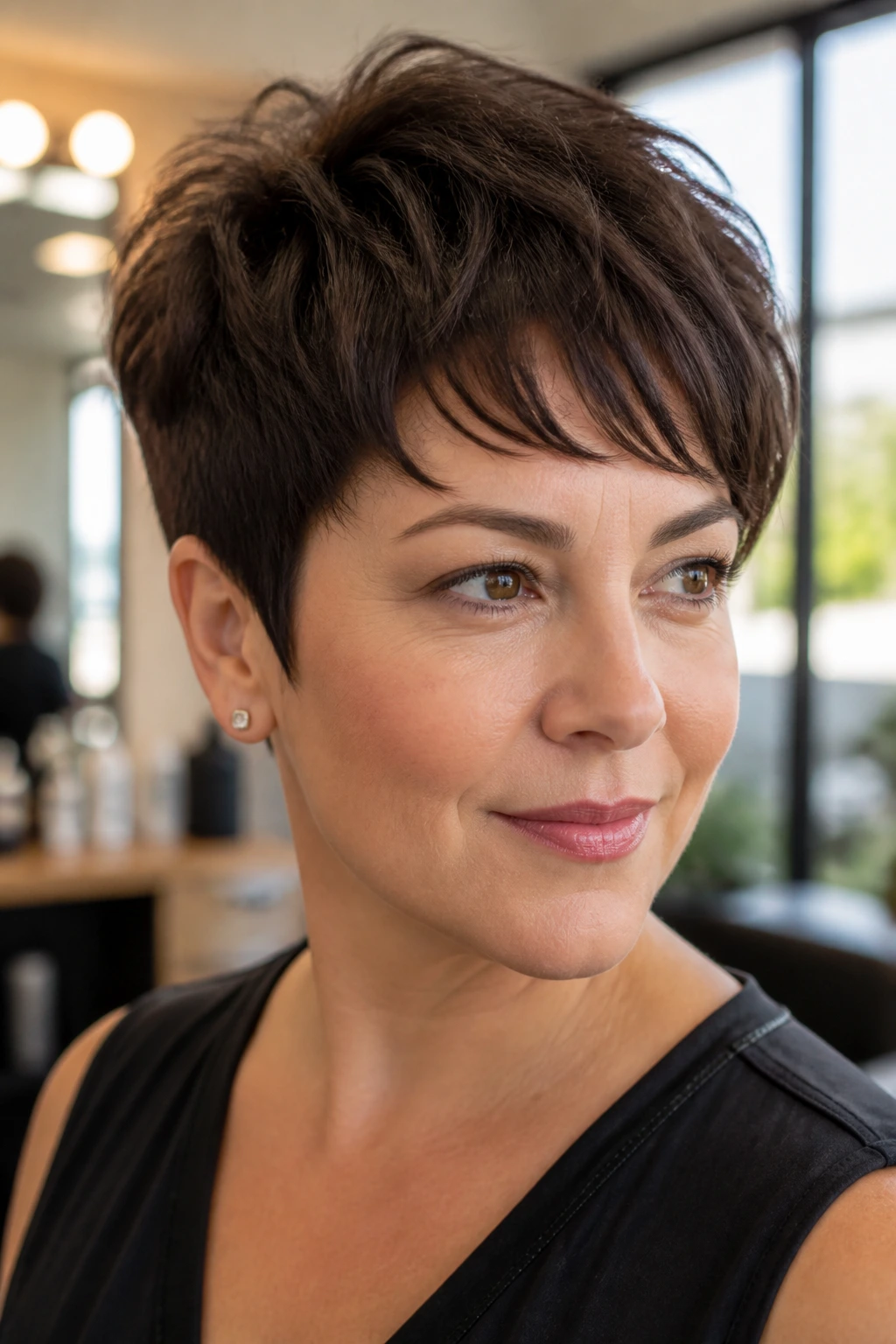 Close-up portrait of a real person with a crisp pixie cut showing defined sides and lifted crown