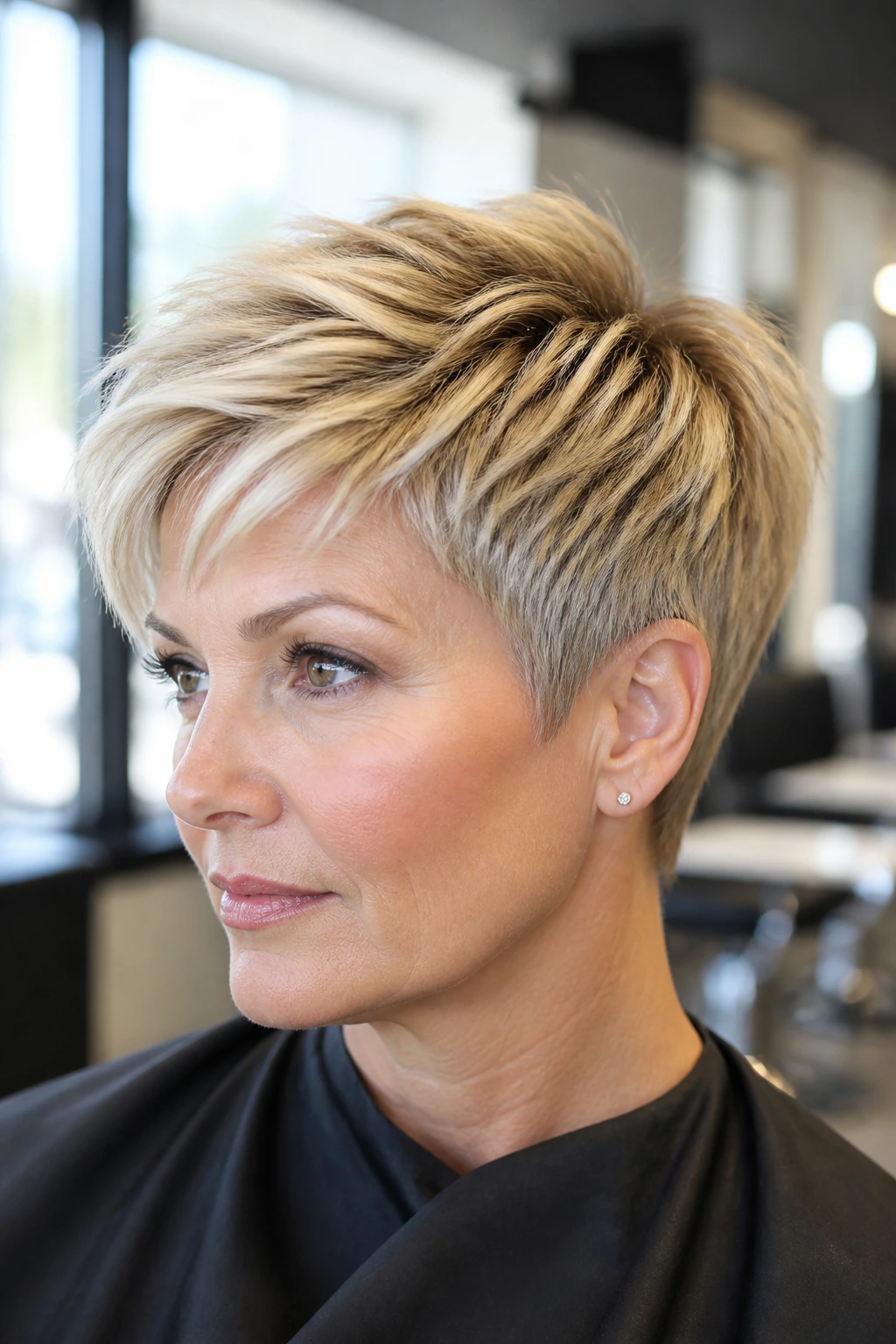 Close-up of thick blonde pixie highlighting jawline and shine