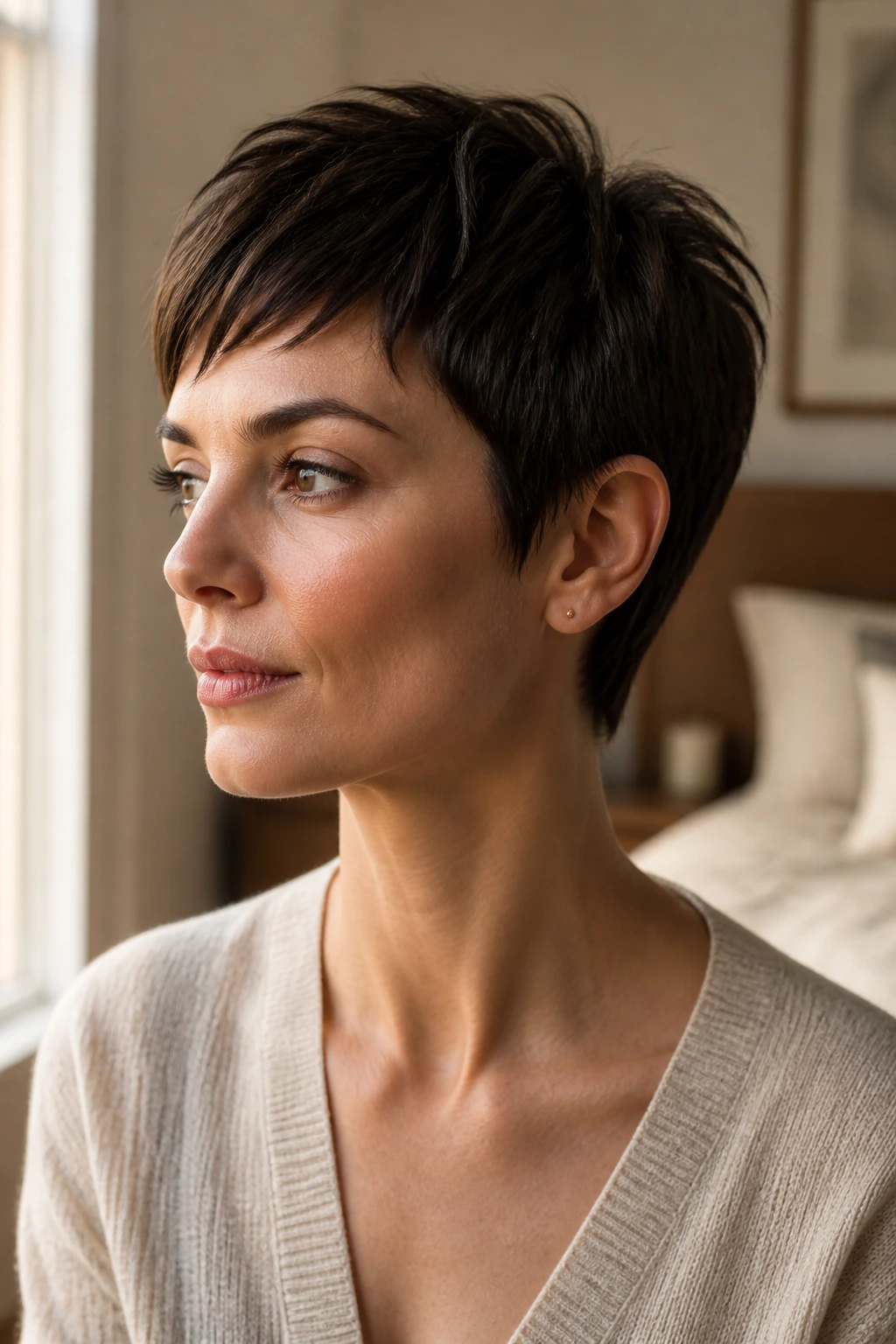 Close-up of a woman with a crisp-edged pixie cut in soft morning light