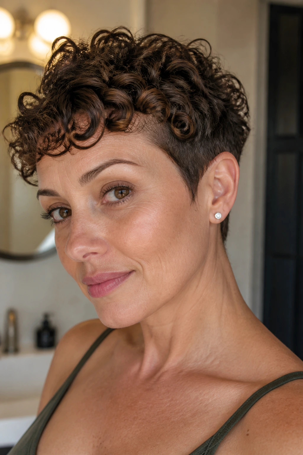 Close-up of a real woman with a curly pixie showing crisp neckline and temple lines