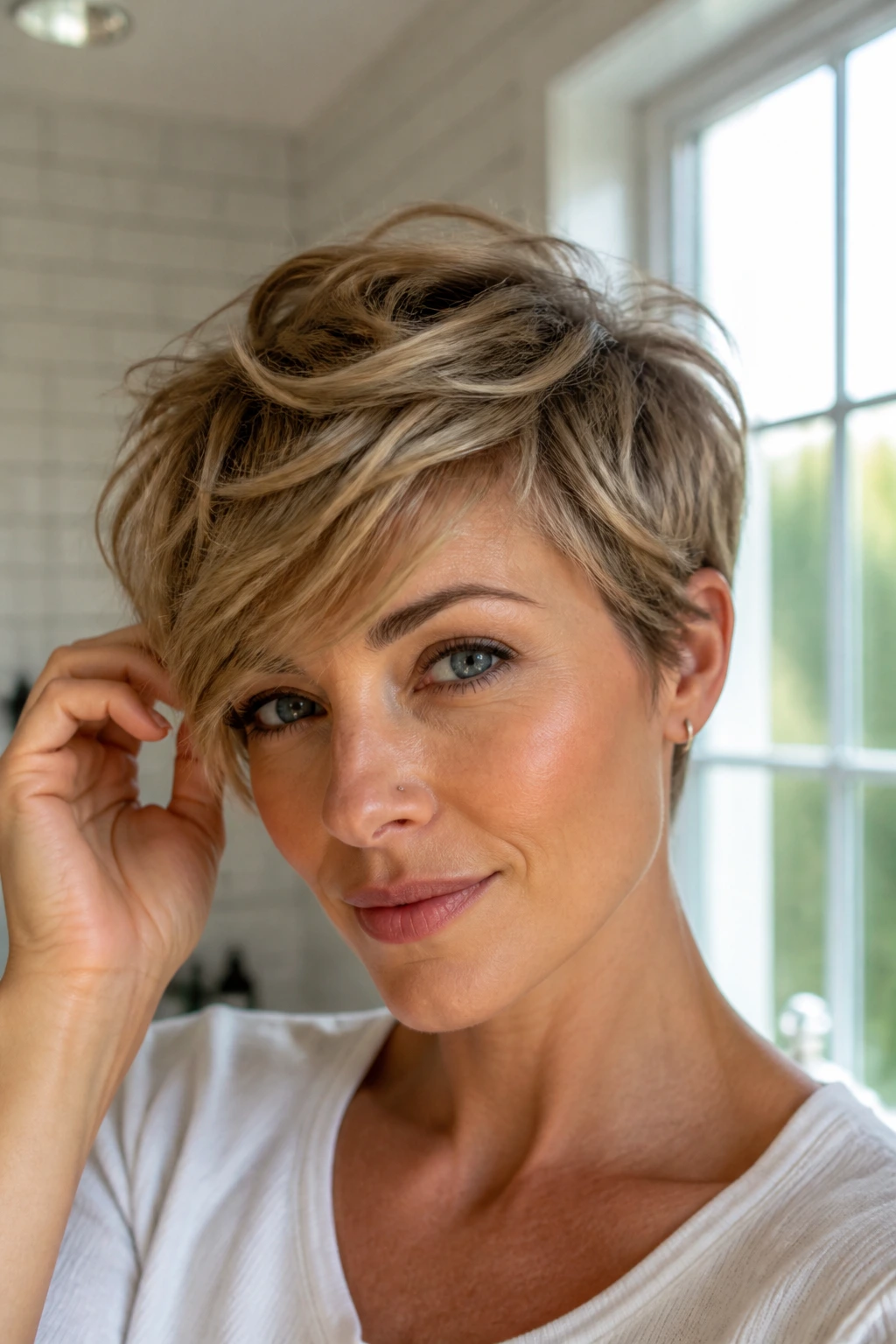 Close-up of real woman with textured pixie sweep and side bangs.