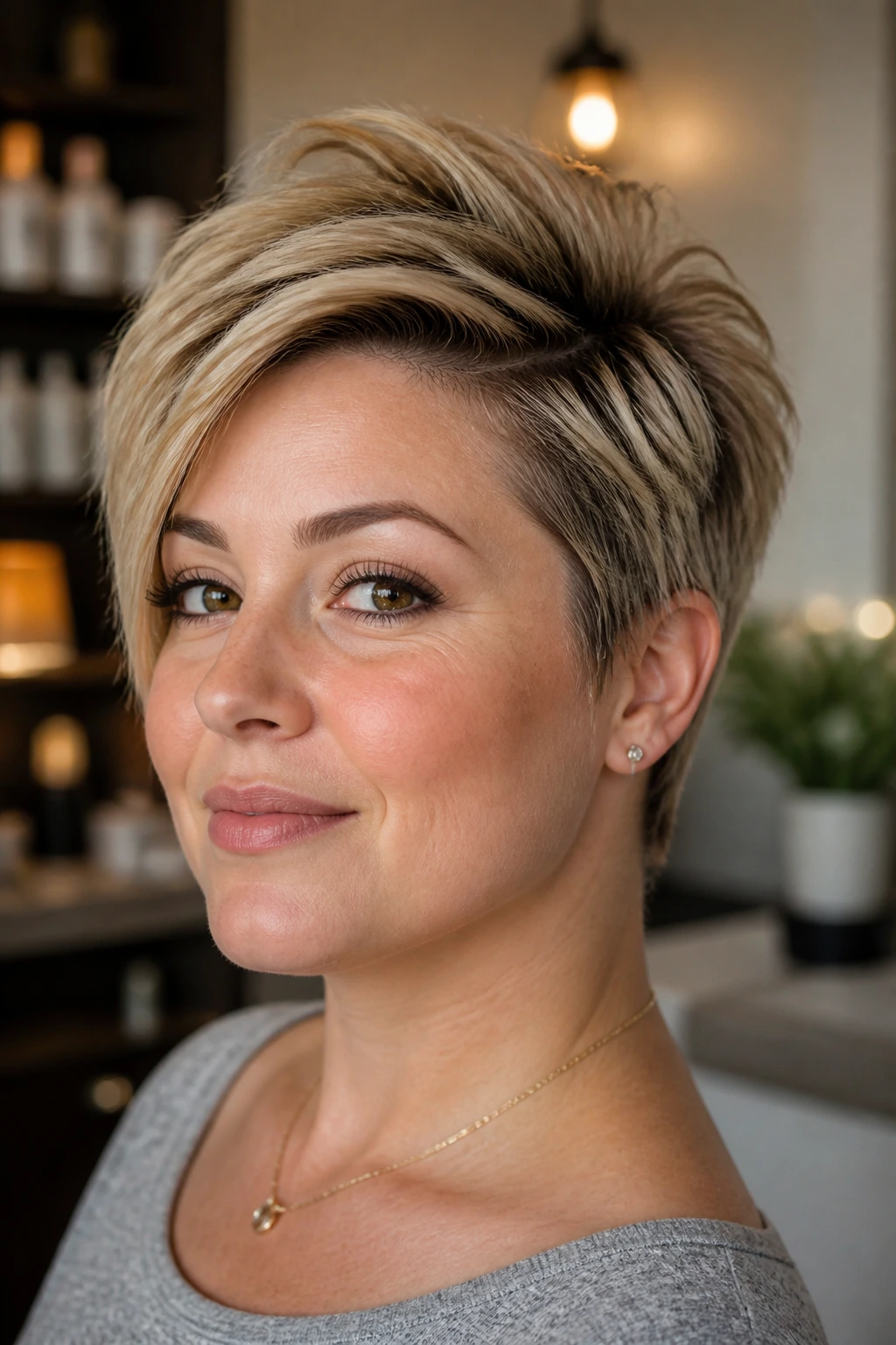 Close-up portrait of a real woman with a deep side-part pixie and piecey top