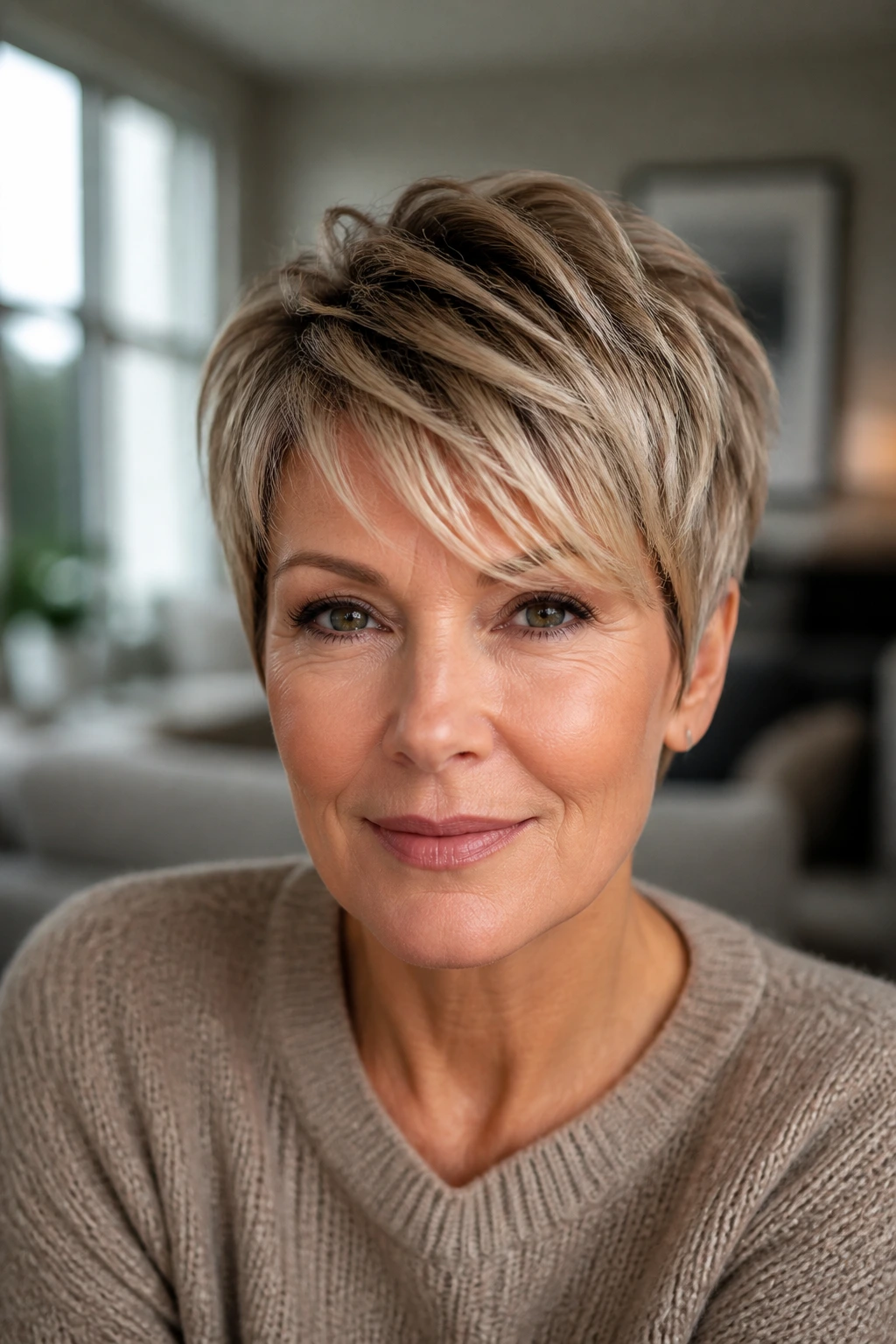 Portrait of a woman over 40 with pixie cut in a modern living room light