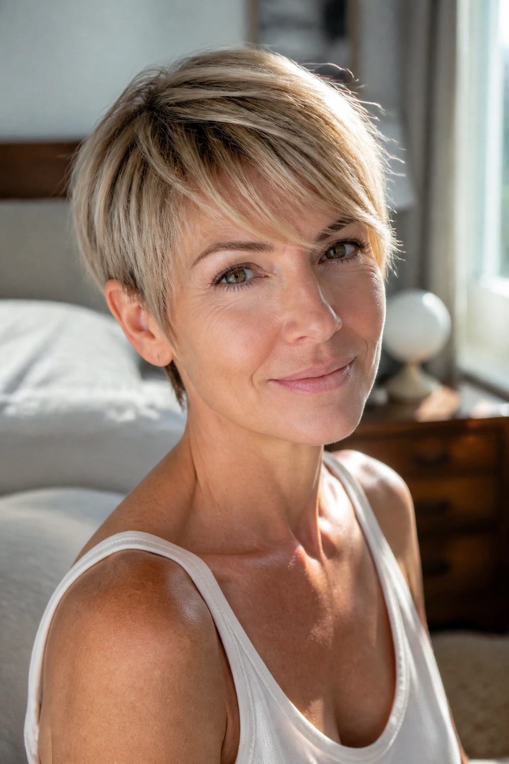 Close-up of a woman over 40 with a fine pixie cut and side-swept bangs in natural morning light