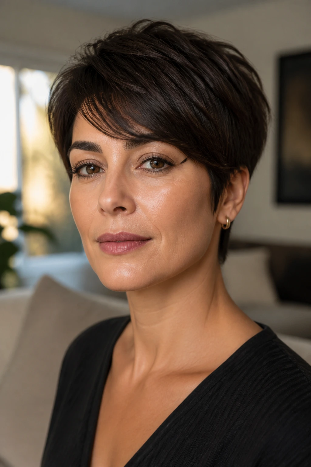 Close-up of a real woman with a side-swept pixie and soft fringe in natural window light